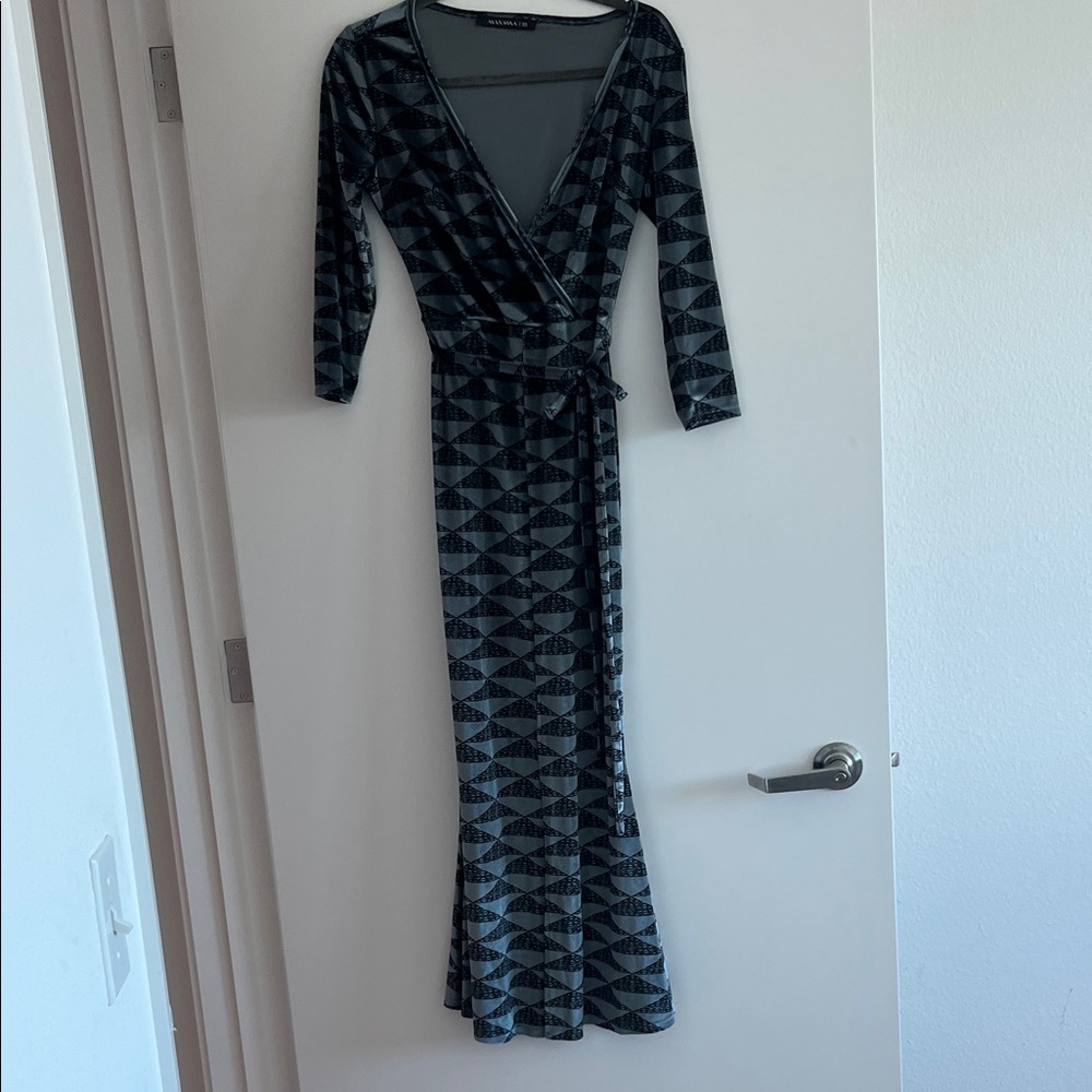 Manaola Blue and Black Patterned Maxi Velvet Dress